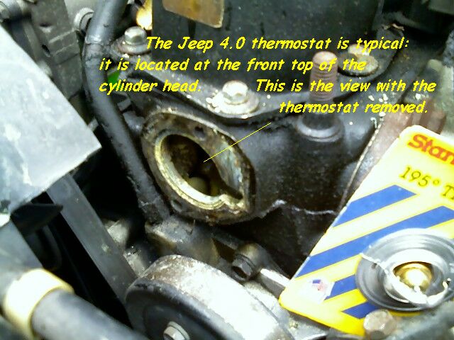 The 4.0 litre Jeep Cherokee thermostat location is typical: it is on the top front of the cylinder head. This nview is with the thermostat removed.